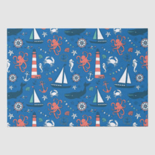 Papel De Seda Padrão Náutico Branco Azul e Laranja