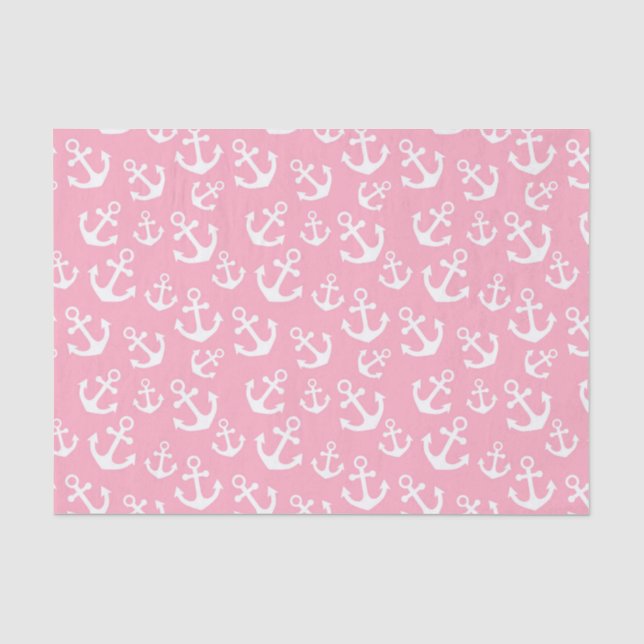 Papel De Seda Padrão Náutico de Âncoras Rosa Bebê e Branco (Frente )