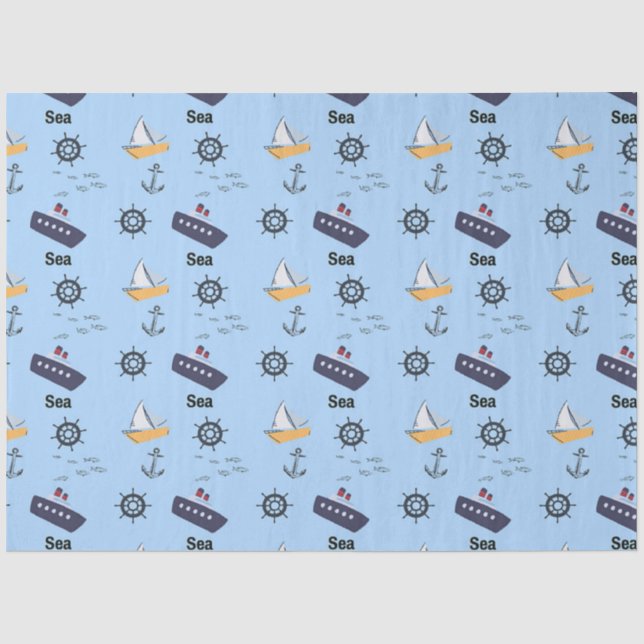 Papel De Seda Padrão náutico de navio no azul (Frente )