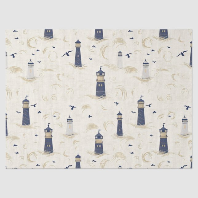 Papel De Seda Padrão Náutico do Farol Ouro Marinho (Frente )