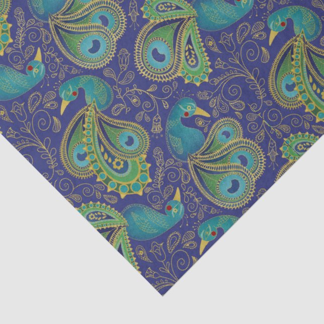 Papel De Seda Padrão Paisley de Pavão Azul (Detalhes)