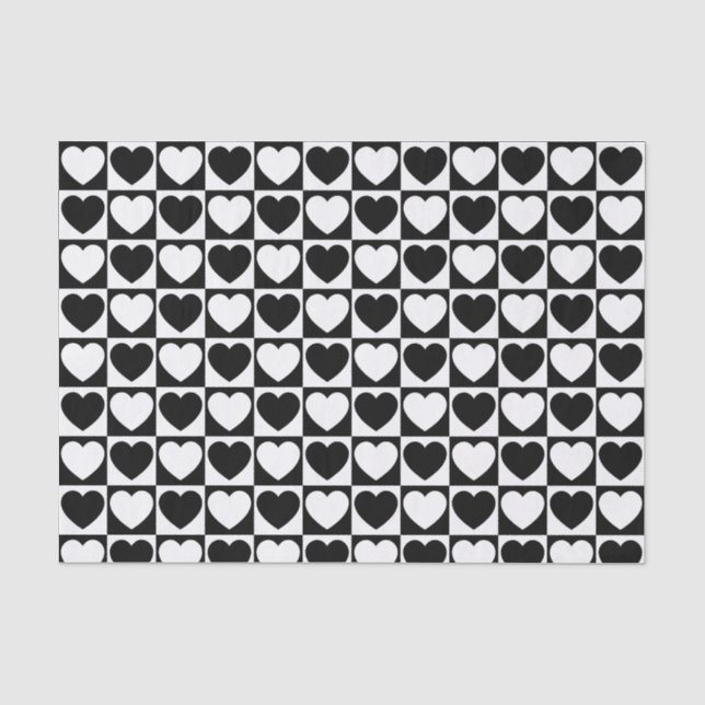Papel De Seda Padrão Preto e Branco Verificado com Corações (Frente )