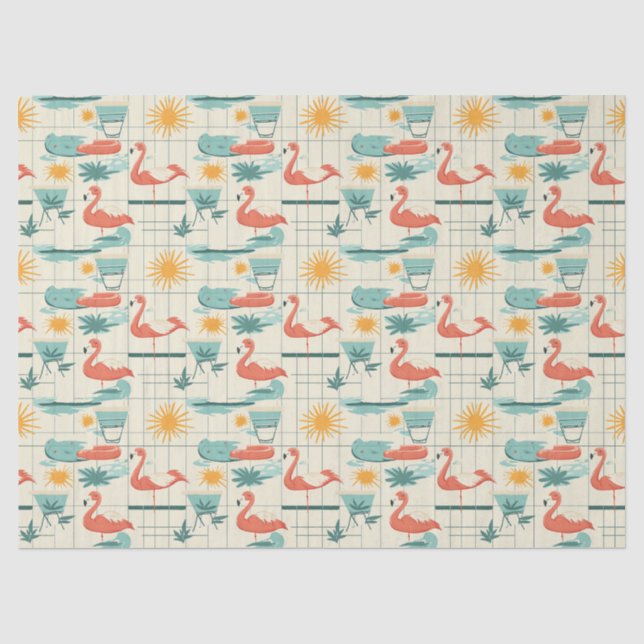 Papel De Seda Padrão Retro de Flamingo à Beira da Piscina de Ver (Frente )