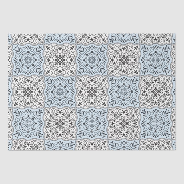 Papel De Seda Padrão Rococó Azul Floresce (Frente )