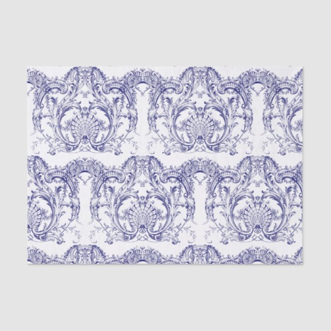 Papel De Seda Padrão Rococó Barroco Azul e Branco (Frente )