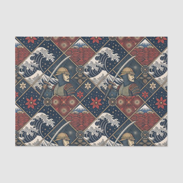 Papel De Seda Padrão Tradicional Japonês de Samurai & Grande Ond (Frente )