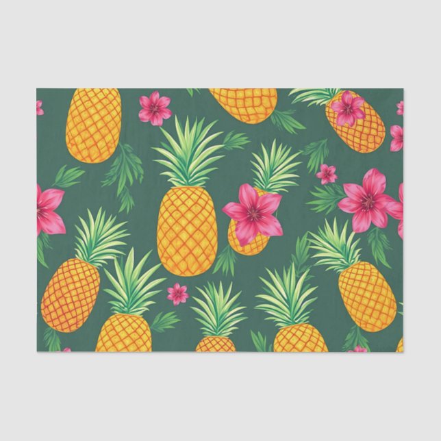 Papel De Seda Padrão Tropical de Abacaxi e Hibisco (Frente )