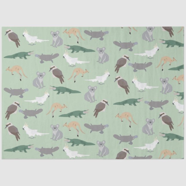 Papel De Seda Padrão Verde Eucalyptus - Animais Nativos Australi (Frente )