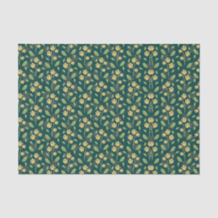 Papel De Seda Padrão Verde Vibrante com Flores e Folhas Amarelas
