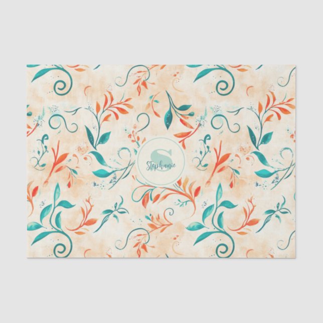 Papel De Seda Padrão Whimsical Blue e Red Paisley Leaf (2) (Frente )