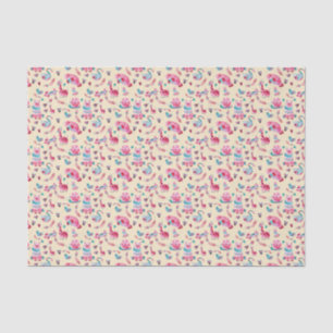 Papel De Seda Padrões de animais bonitos em aquarela rosa e verd