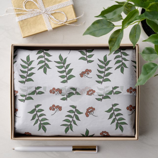 Papel De Seda Padrões de Berries Vermelhos e Folhas Desenhadas (Presente)