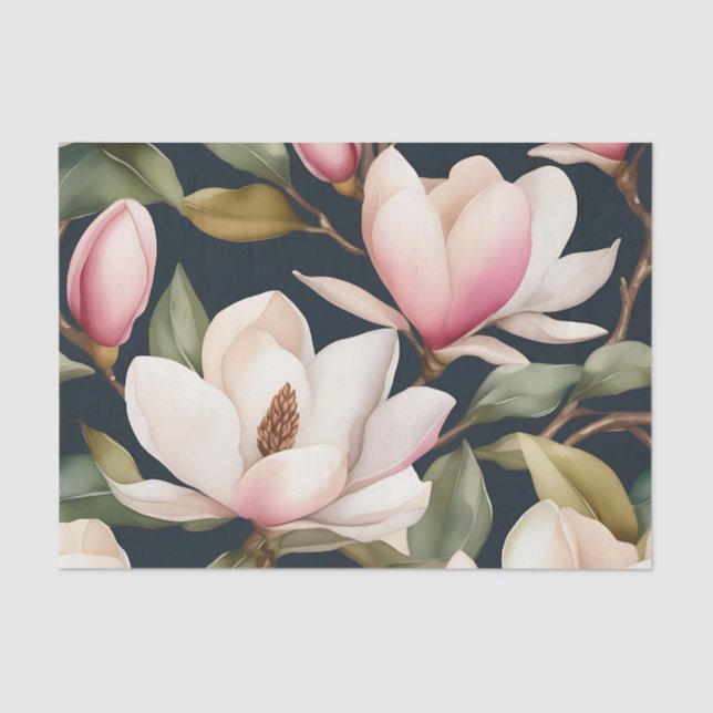 Papel De Seda Padrões De Flores De Magolia Branca E Rosa (Frente )