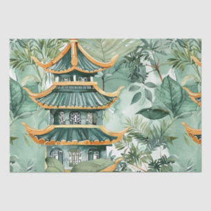 Papel De Seda Pagoda Asiática de Aquarela na Paisagem Verdante (