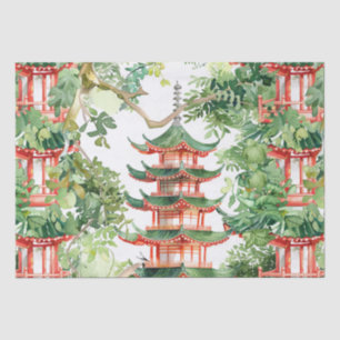 Papel De Seda Pagoda Asiática de Aquarela na Paisagem Verdante (