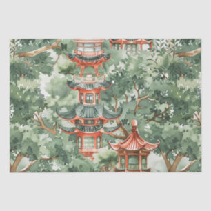 Papel De Seda Pagoda Asiática de Aquarela na Paisagem Verdante (