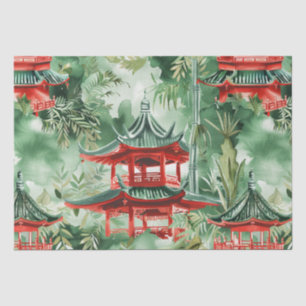 Papel De Seda Pagoda Asiática de Aquarela na Paisagem Verdante (