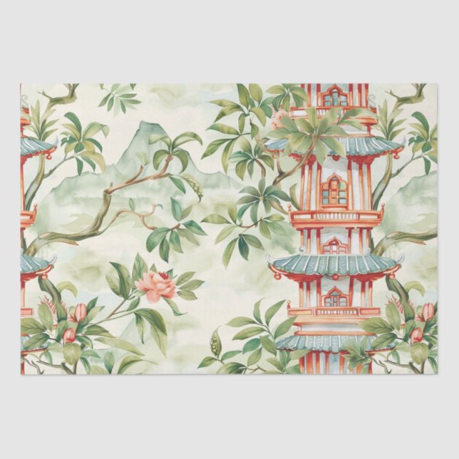 Papel De Seda Pagoda Asiática de Aquarela na Paisagem Verdante ( (Frente )
