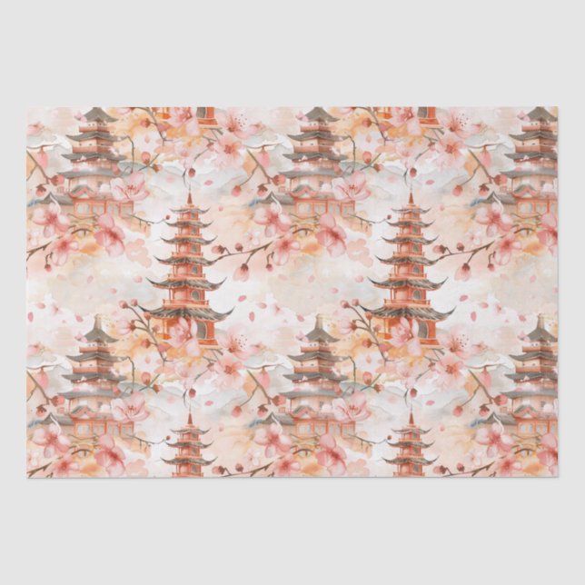 Papel De Seda Pagoda Chinesa Aquarela com Flores de Cereja (1) (Frente )