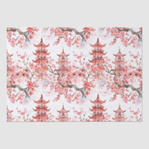 Papel De Seda Pagoda Chinesa Aquarela com Flores de Cereja (3)