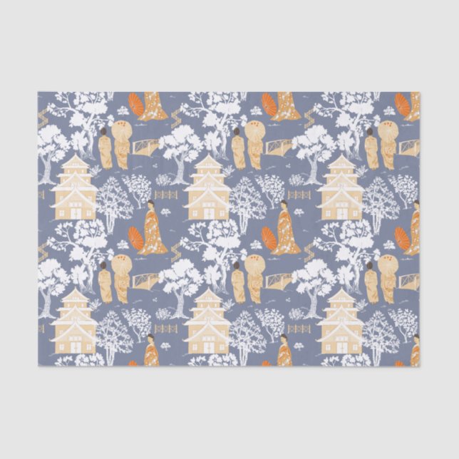 Papel De Seda Pagodas de Chinoiserie Azul (Frente )