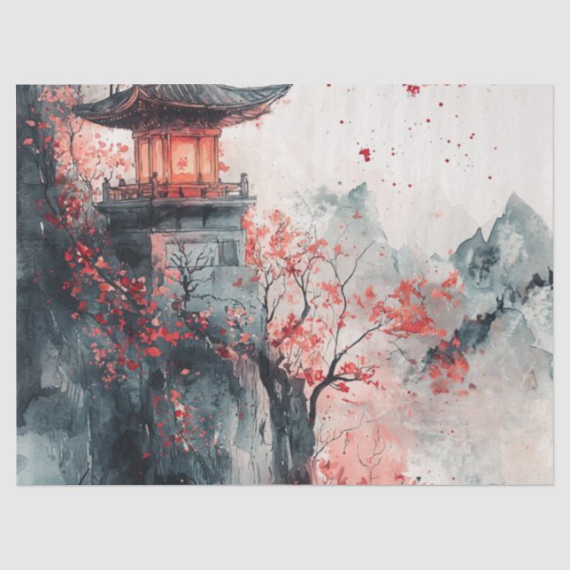 Papel De Seda Pagode da Sakura Carmesim Aquarela (Frente )