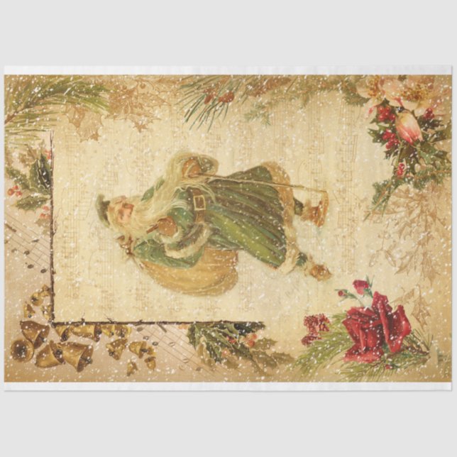 Papel De Seda Pai Natal em neve com Rosas e música (Frente )