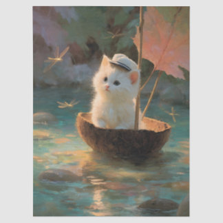 Papel De Seda Painting of Fluffy White Kitten Sailing in Coconut