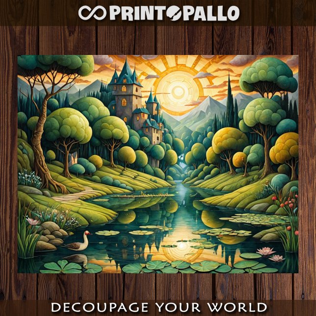 Papel De Seda Paisagem de sonho com um rio e um castelo ao amanh (Criador carregado)