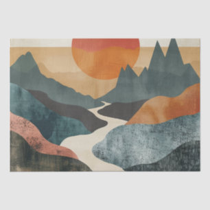 Papel De Seda Paisagem do rio do pôr do sol da montanha do verde