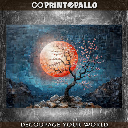 Papel De Seda Paisagem em mosaico com sol vermelho e uma árvore 