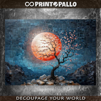 Papel De Seda Paisagem em mosaico com sol vermelho e uma árvore 