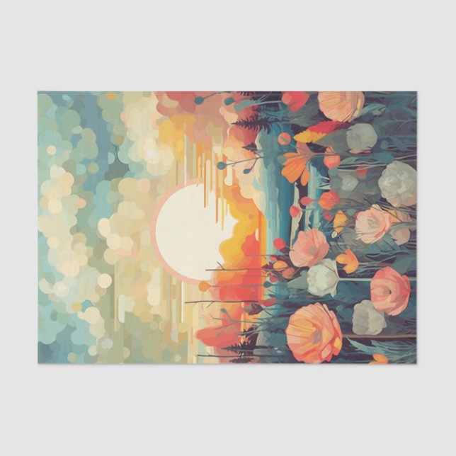 Papel De Seda Paisagem, vermelho e branco, papoilas, sol (Frente )