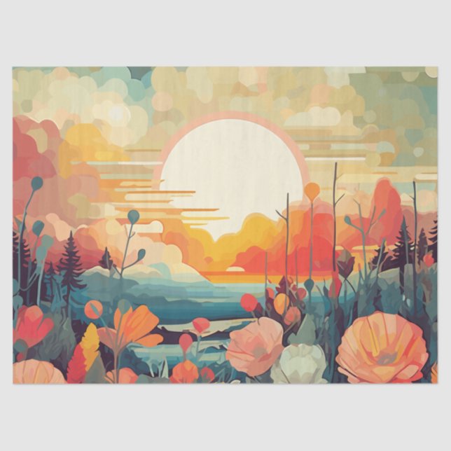 Papel De Seda Paisagem, vermelho e branco, papoilas, sol (Frente )