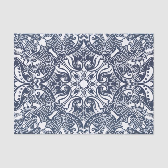 Papel De Seda Paisley azul escuro e branco bonito (Frente )