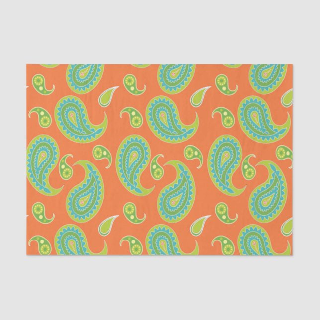 Papel De Seda Paisley azul esverdeado na laranja brilhante (Frente )