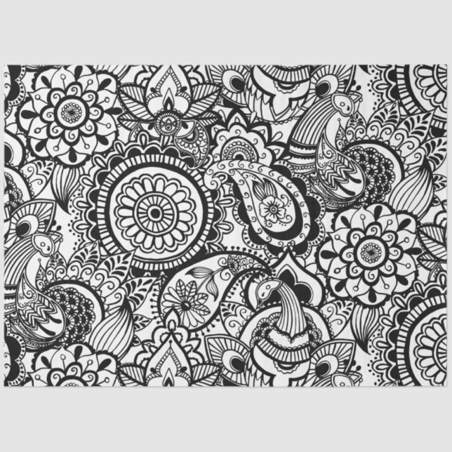 Papel De Seda Paisley branco-preto-branco (Frente )