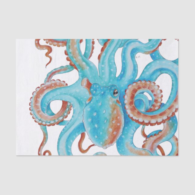 Papel De Seda Pálida Azul Octopus Aquarela (Frente )