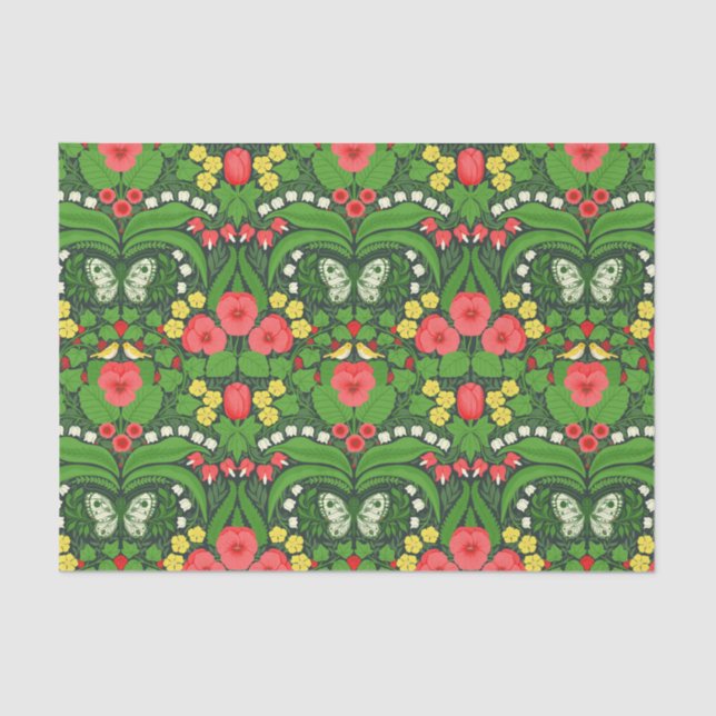 Papel De Seda Pancas, aves e borboletas vermelhas (Frente )