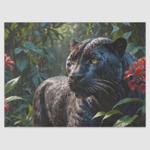 Papel De Seda Pantera Negra - Jaguar nas Flores Vermelhas Selvag