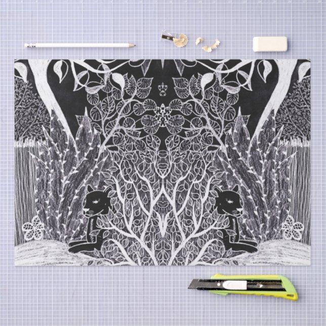 Papel De Seda Pantera negra na selva - desenho a lápis (Arte )