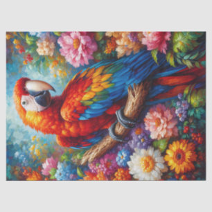 Papel De Seda Papagaio Macaw com Decoupage de Flores Coloridas