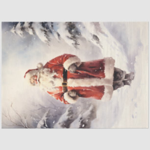 Papel De Seda Papai Noel Clássico caminhando na floresta nevada