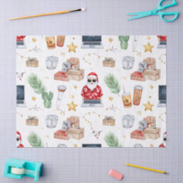 Papel De Seda Papai Noel com computador e prancha de surfe no Na