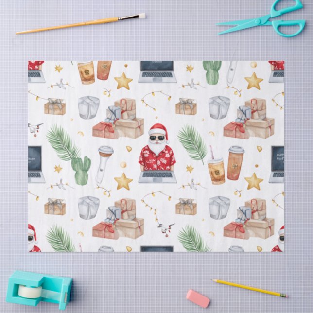 Papel De Seda Papai Noel com computador e prancha de surfe no Na (Arte )
