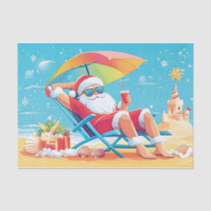 Papel De Seda Papai Noel Relaxando em uma Praia Tropical Sunbed