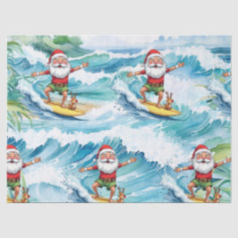 Papel De Seda Papai Noel surfando está numa grande onda no Havaí