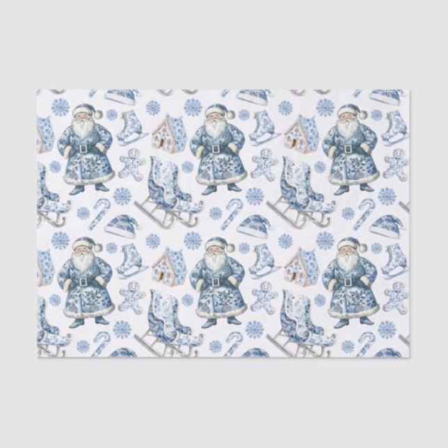 Papel De Seda Papais noeis de Natal da Chinoiserie Azul e Branca (Frente )
