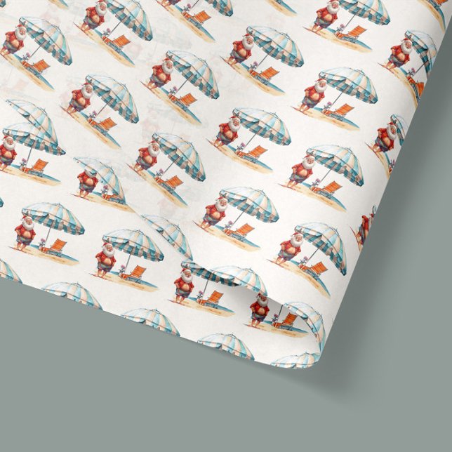 Papel De Seda Papais noeis de Verão Natal em praia, festa de jul (Santa Claus at the beach with a swimsuit and umbrella, funny Christmas in July wrapping tissue paper)