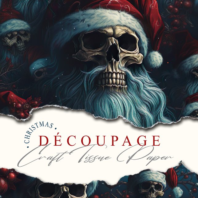 Papel De Seda Papais noeis escuros crânios em Santa Hats Desnuta (Dark and Gothic Santa Skulls crafting with this Festive Gothic Decoupage Tissue Paper.)